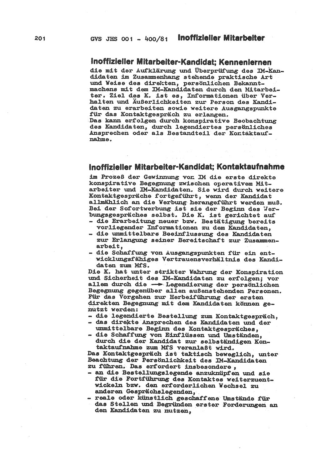 Wörterbuch der politisch-operativen Arbeit, Ministerium für Staatssicherheit (MfS) [Deutsche Demokratische Republik (DDR)], Juristische Hochschule (JHS), Geheime Verschlußsache (GVS) o001-400/81, Potsdam 1985, Blatt 201 (Wb. pol.-op. Arb. MfS DDR JHS GVS o001-400/81 1985, Bl. 201)