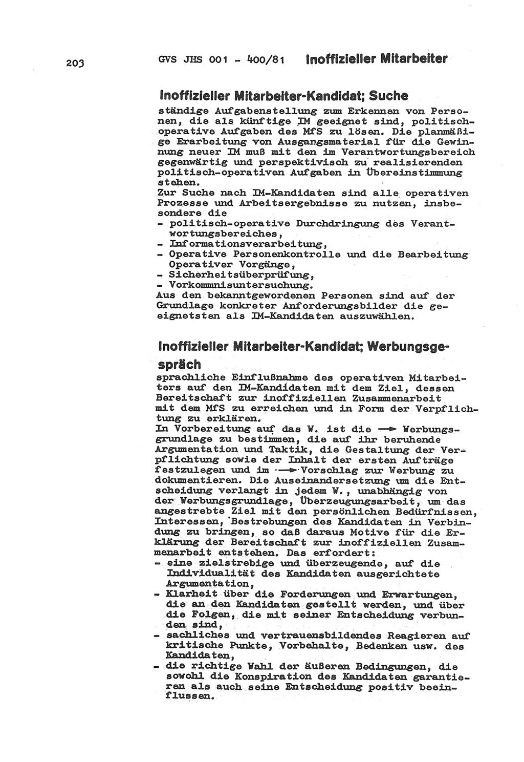 Wörterbuch der politisch-operativen Arbeit, Ministerium für Staatssicherheit (MfS) [Deutsche Demokratische Republik (DDR)], Juristische Hochschule (JHS), Geheime Verschlußsache (GVS) o001-400/81, Potsdam 1985, Blatt 203 (Wb. pol.-op. Arb. MfS DDR JHS GVS o001-400/81 1985, Bl. 203)