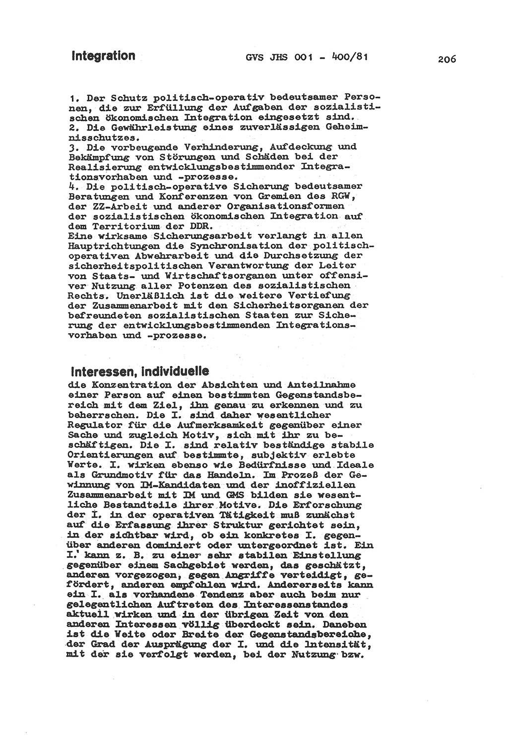 Wörterbuch der politisch-operativen Arbeit, Ministerium für Staatssicherheit (MfS) [Deutsche Demokratische Republik (DDR)], Juristische Hochschule (JHS), Geheime Verschlußsache (GVS) o001-400/81, Potsdam 1985, Blatt 206 (Wb. pol.-op. Arb. MfS DDR JHS GVS o001-400/81 1985, Bl. 206)