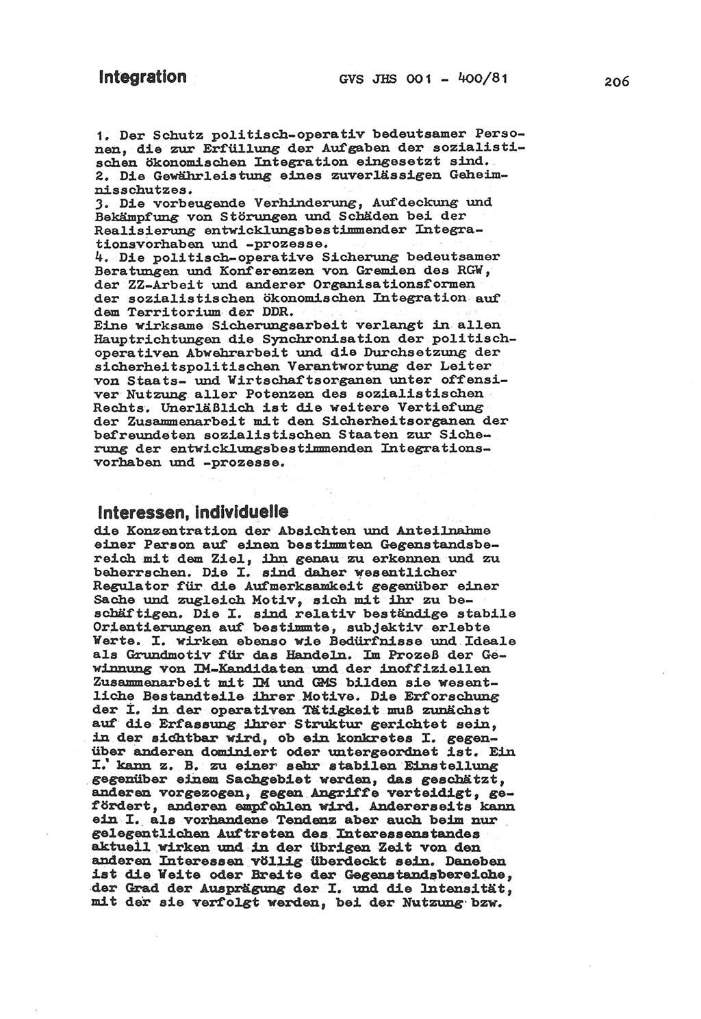 Wörterbuch der politisch-operativen Arbeit, Ministerium für Staatssicherheit (MfS) [Deutsche Demokratische Republik (DDR)], Juristische Hochschule (JHS), Geheime Verschlußsache (GVS) o001-400/81, Potsdam 1985, Blatt 206 (Wb. pol.-op. Arb. MfS DDR JHS GVS o001-400/81 1985, Bl. 206)