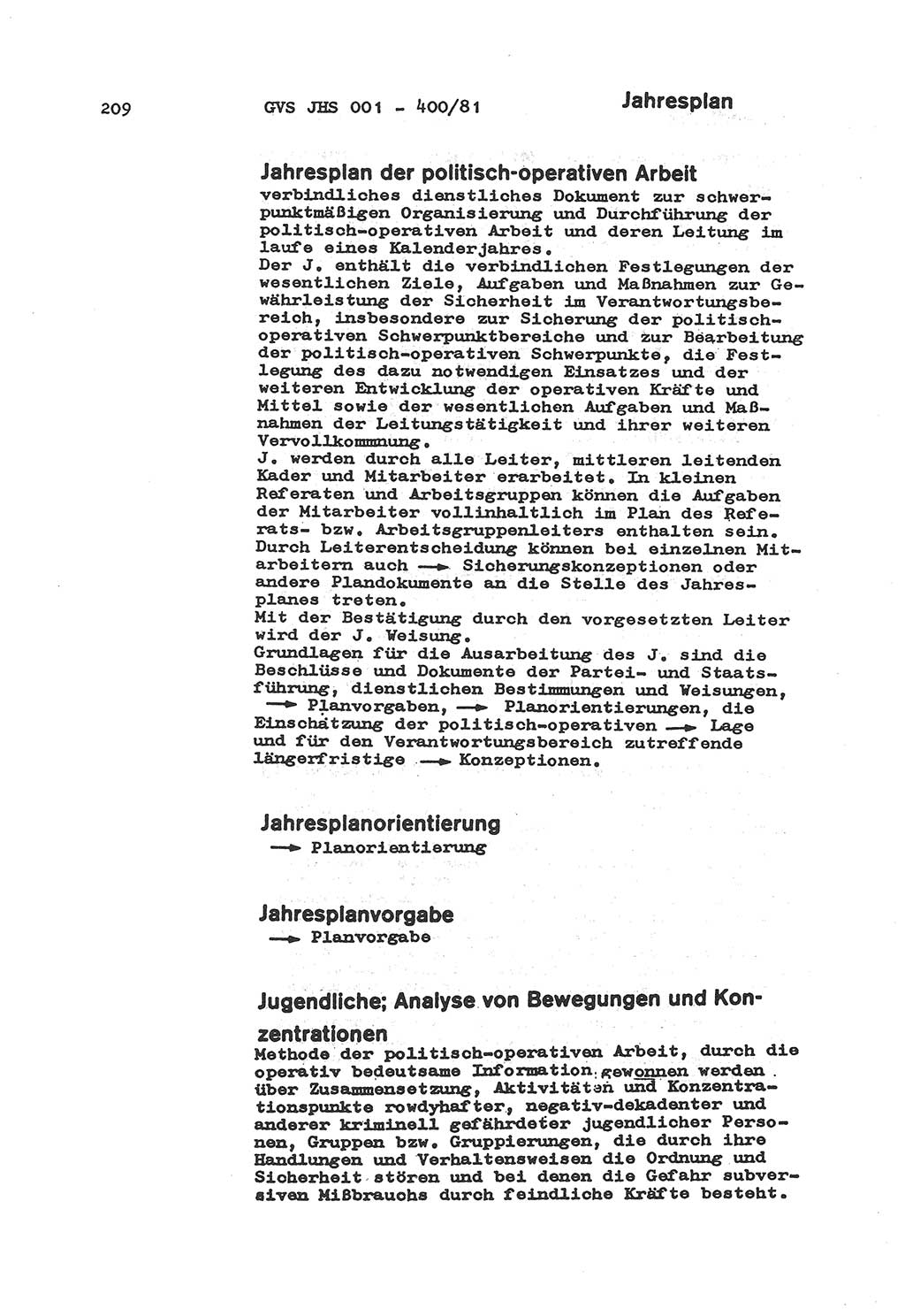 Wörterbuch der politisch-operativen Arbeit, Ministerium für Staatssicherheit (MfS) [Deutsche Demokratische Republik (DDR)], Juristische Hochschule (JHS), Geheime Verschlußsache (GVS) o001-400/81, Potsdam 1985, Blatt 209 (Wb. pol.-op. Arb. MfS DDR JHS GVS o001-400/81 1985, Bl. 209)