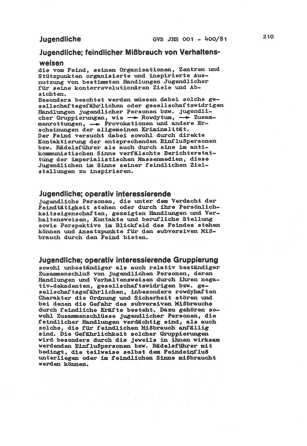 Wörterbuch der politisch-operativen Arbeit, Ministerium für Staatssicherheit (MfS) [Deutsche Demokratische Republik (DDR)], Juristische Hochschule (JHS), Geheime Verschlußsache (GVS) o001-400/81, Potsdam 1985, Blatt 210 (Wb. pol.-op. Arb. MfS DDR JHS GVS o001-400/81 1985, Bl. 210)