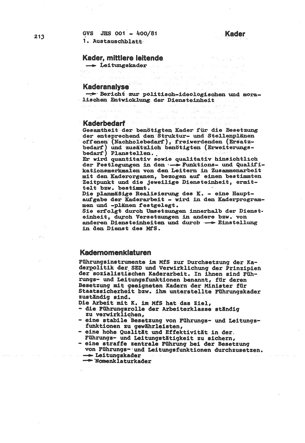 Wörterbuch der politisch-operativen Arbeit, Ministerium für Staatssicherheit (MfS) [Deutsche Demokratische Republik (DDR)], Juristische Hochschule (JHS), Geheime Verschlußsache (GVS) o001-400/81, Potsdam 1985, Blatt 213 (Wb. pol.-op. Arb. MfS DDR JHS GVS o001-400/81 1985, Bl. 213)