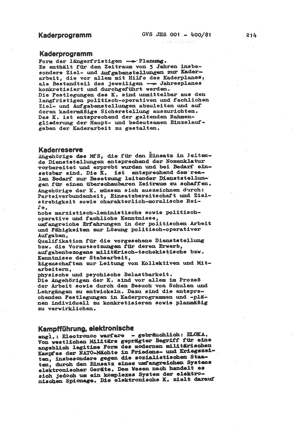 Wörterbuch der politisch-operativen Arbeit, Ministerium für Staatssicherheit (MfS) [Deutsche Demokratische Republik (DDR)], Juristische Hochschule (JHS), Geheime Verschlußsache (GVS) o001-400/81, Potsdam 1985, Blatt 214 (Wb. pol.-op. Arb. MfS DDR JHS GVS o001-400/81 1985, Bl. 214)