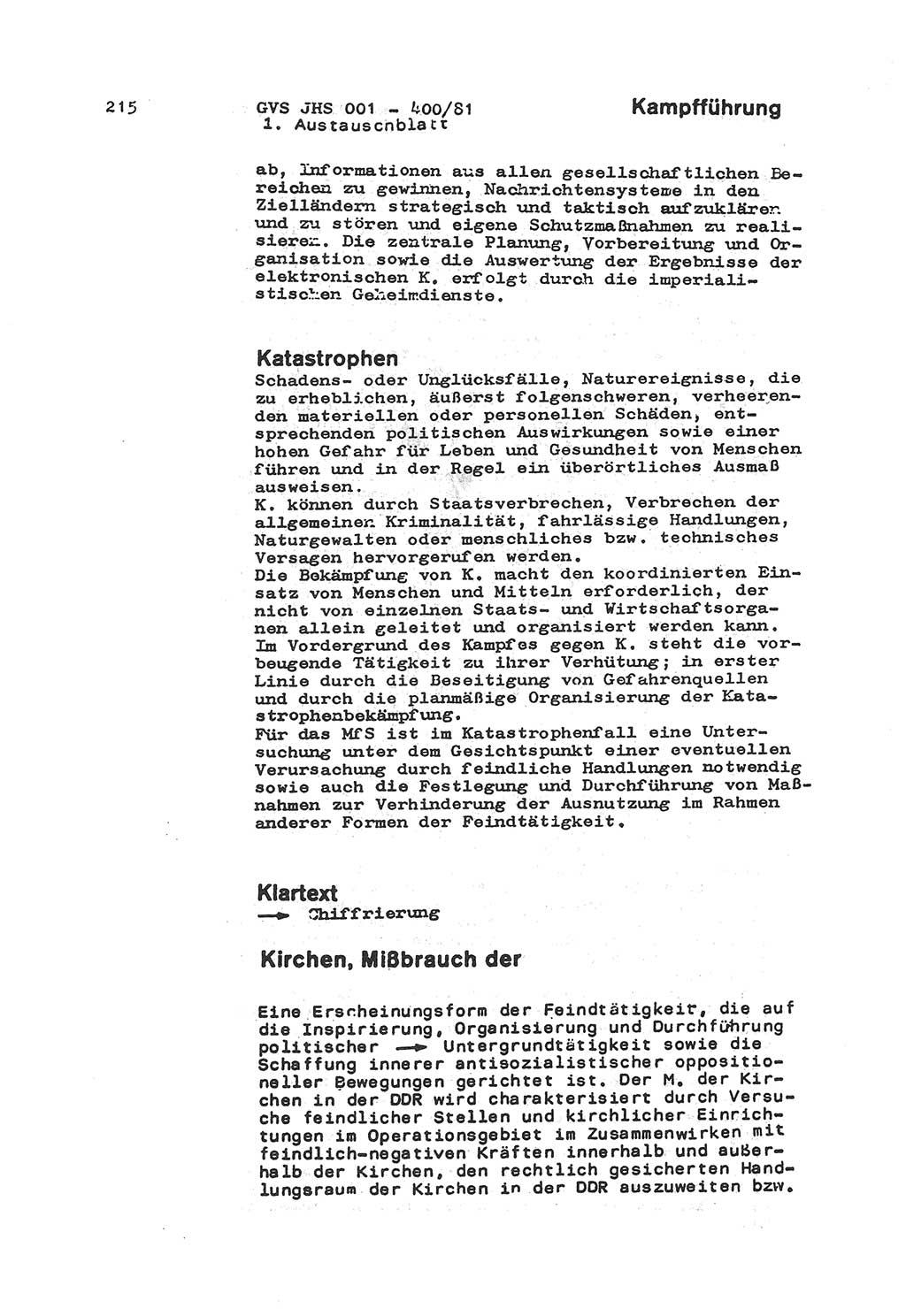 Wörterbuch der politisch-operativen Arbeit, Ministerium für Staatssicherheit (MfS) [Deutsche Demokratische Republik (DDR)], Juristische Hochschule (JHS), Geheime Verschlußsache (GVS) o001-400/81, Potsdam 1985, Blatt 215 (Wb. pol.-op. Arb. MfS DDR JHS GVS o001-400/81 1985, Bl. 215)