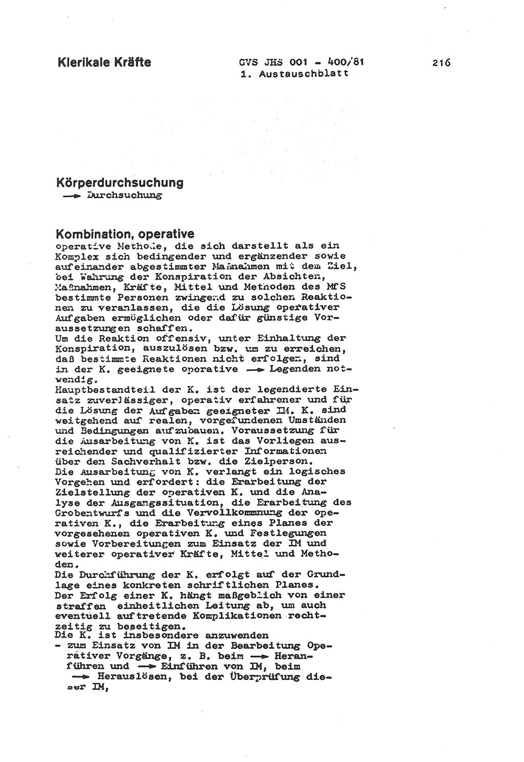 Wörterbuch der politisch-operativen Arbeit, Ministerium für Staatssicherheit (MfS) [Deutsche Demokratische Republik (DDR)], Juristische Hochschule (JHS), Geheime Verschlußsache (GVS) o001-400/81, Potsdam 1985, Blatt 216 (Wb. pol.-op. Arb. MfS DDR JHS GVS o001-400/81 1985, Bl. 216)