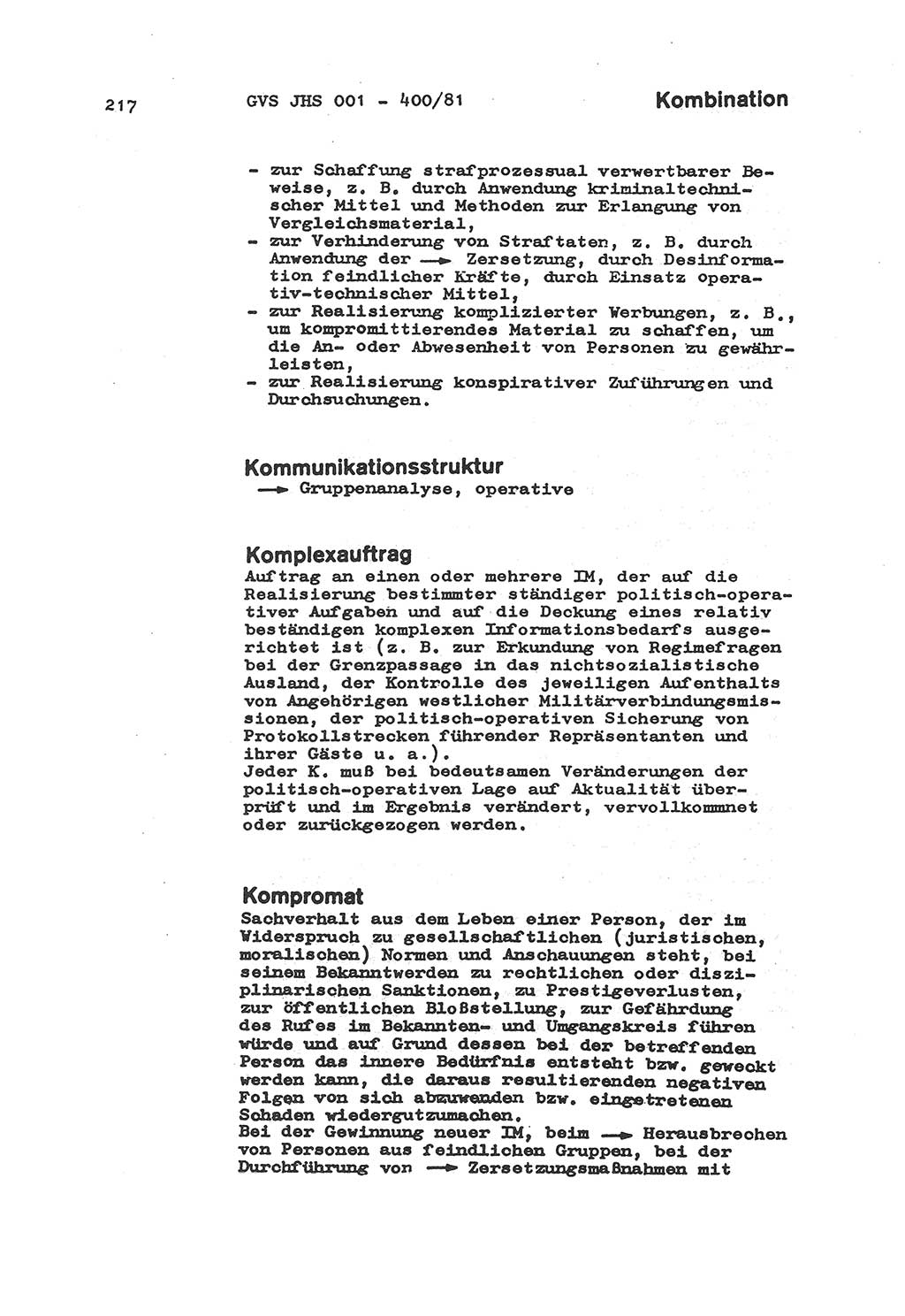 Wörterbuch der politisch-operativen Arbeit, Ministerium für Staatssicherheit (MfS) [Deutsche Demokratische Republik (DDR)], Juristische Hochschule (JHS), Geheime Verschlußsache (GVS) o001-400/81, Potsdam 1985, Blatt 217 (Wb. pol.-op. Arb. MfS DDR JHS GVS o001-400/81 1985, Bl. 217)