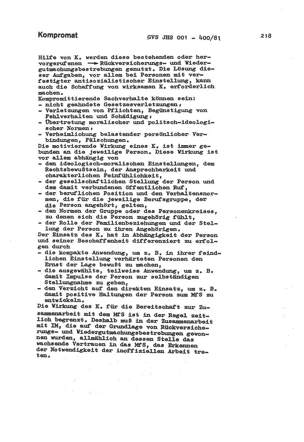 Wörterbuch der politisch-operativen Arbeit, Ministerium für Staatssicherheit (MfS) [Deutsche Demokratische Republik (DDR)], Juristische Hochschule (JHS), Geheime Verschlußsache (GVS) o001-400/81, Potsdam 1985, Blatt 218 (Wb. pol.-op. Arb. MfS DDR JHS GVS o001-400/81 1985, Bl. 218)