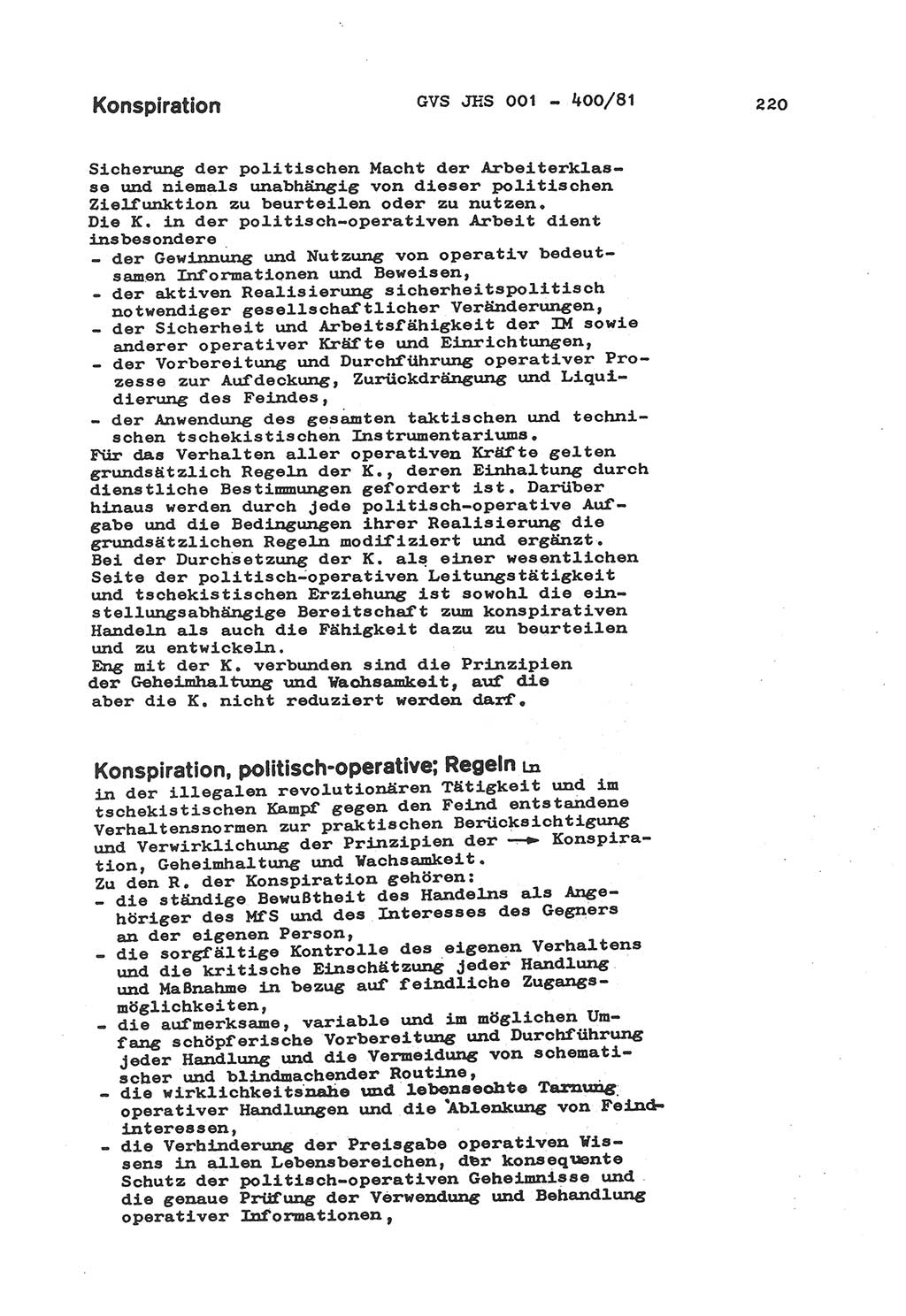 Wörterbuch der politisch-operativen Arbeit, Ministerium für Staatssicherheit (MfS) [Deutsche Demokratische Republik (DDR)], Juristische Hochschule (JHS), Geheime Verschlußsache (GVS) o001-400/81, Potsdam 1985, Blatt 220 (Wb. pol.-op. Arb. MfS DDR JHS GVS o001-400/81 1985, Bl. 220)