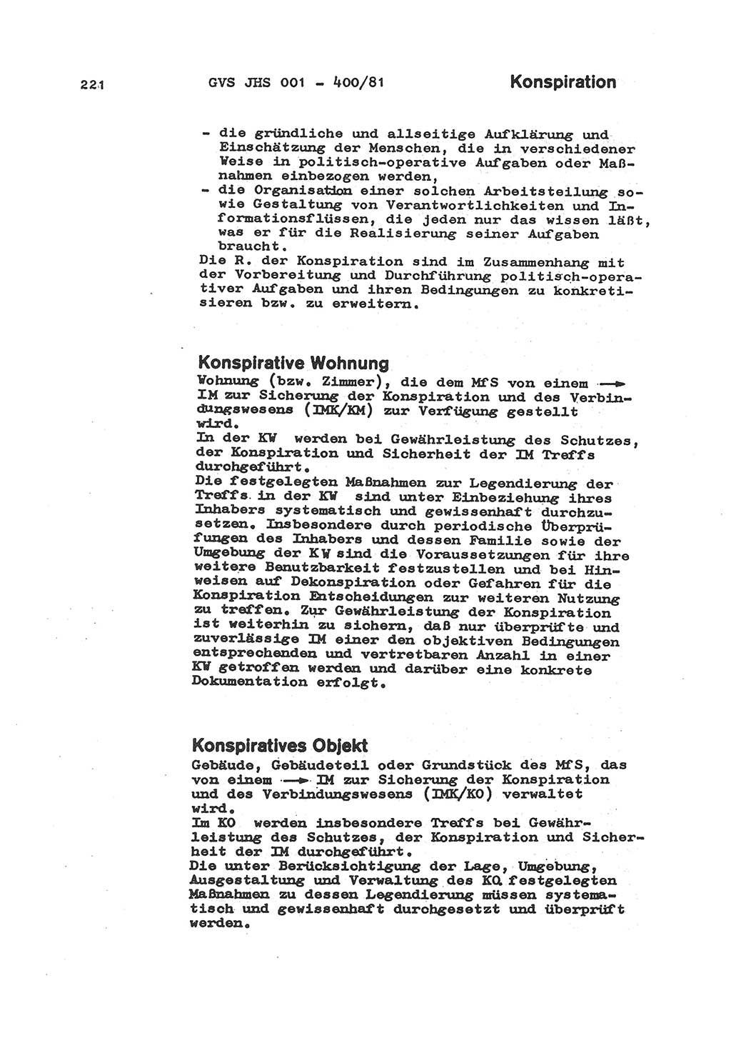 Wörterbuch der politisch-operativen Arbeit, Ministerium für Staatssicherheit (MfS) [Deutsche Demokratische Republik (DDR)], Juristische Hochschule (JHS), Geheime Verschlußsache (GVS) o001-400/81, Potsdam 1985, Blatt 221 (Wb. pol.-op. Arb. MfS DDR JHS GVS o001-400/81 1985, Bl. 221)