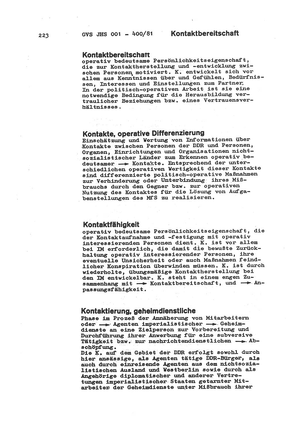 Wörterbuch der politisch-operativen Arbeit, Ministerium für Staatssicherheit (MfS) [Deutsche Demokratische Republik (DDR)], Juristische Hochschule (JHS), Geheime Verschlußsache (GVS) o001-400/81, Potsdam 1985, Blatt 223 (Wb. pol.-op. Arb. MfS DDR JHS GVS o001-400/81 1985, Bl. 223)