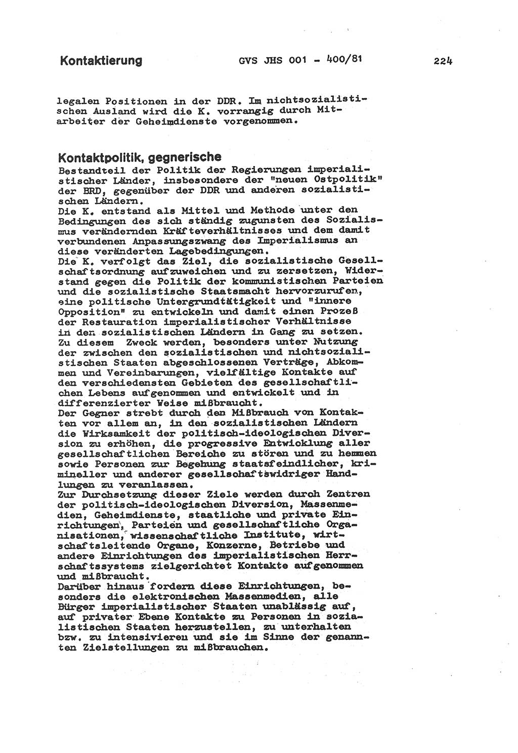 Wörterbuch der politisch-operativen Arbeit, Ministerium für Staatssicherheit (MfS) [Deutsche Demokratische Republik (DDR)], Juristische Hochschule (JHS), Geheime Verschlußsache (GVS) o001-400/81, Potsdam 1985, Blatt 224 (Wb. pol.-op. Arb. MfS DDR JHS GVS o001-400/81 1985, Bl. 224)