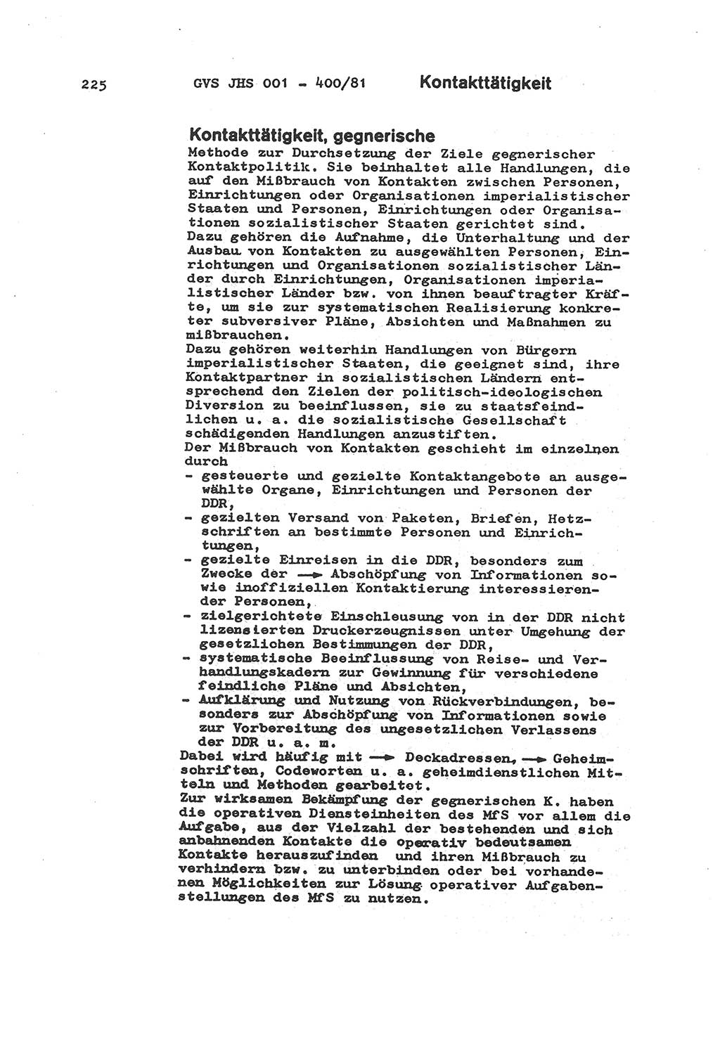 Wörterbuch der politisch-operativen Arbeit, Ministerium für Staatssicherheit (MfS) [Deutsche Demokratische Republik (DDR)], Juristische Hochschule (JHS), Geheime Verschlußsache (GVS) o001-400/81, Potsdam 1985, Blatt 225 (Wb. pol.-op. Arb. MfS DDR JHS GVS o001-400/81 1985, Bl. 225)