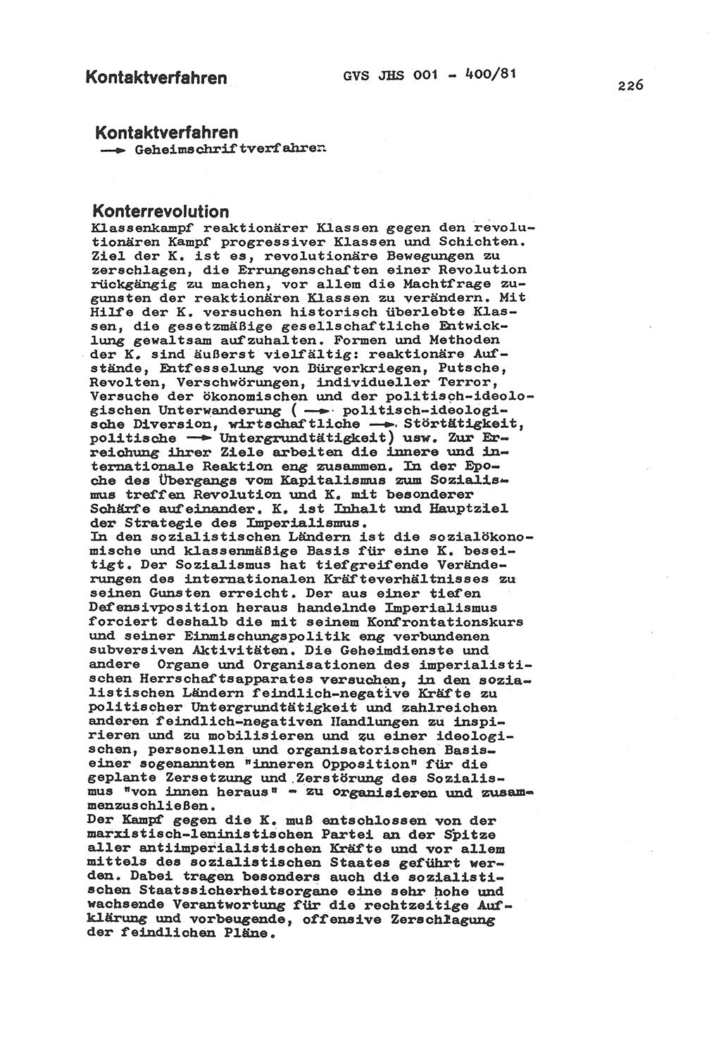 Wörterbuch der politisch-operativen Arbeit, Ministerium für Staatssicherheit (MfS) [Deutsche Demokratische Republik (DDR)], Juristische Hochschule (JHS), Geheime Verschlußsache (GVS) o001-400/81, Potsdam 1985, Blatt 226 (Wb. pol.-op. Arb. MfS DDR JHS GVS o001-400/81 1985, Bl. 226)