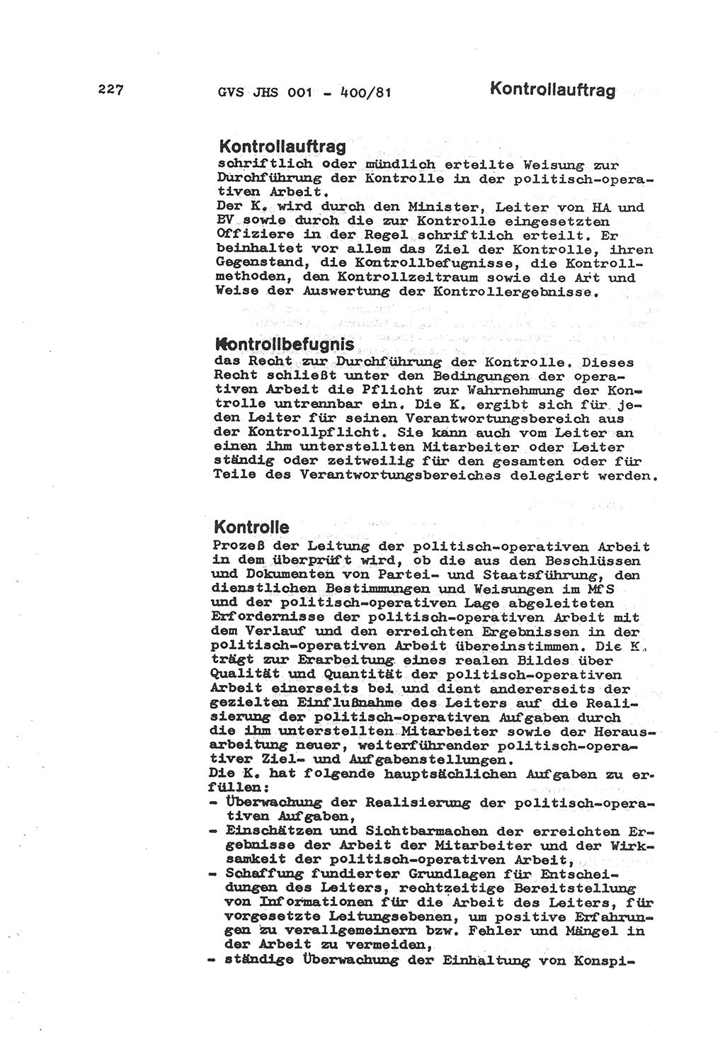 Wörterbuch der politisch-operativen Arbeit, Ministerium für Staatssicherheit (MfS) [Deutsche Demokratische Republik (DDR)], Juristische Hochschule (JHS), Geheime Verschlußsache (GVS) o001-400/81, Potsdam 1985, Blatt 227 (Wb. pol.-op. Arb. MfS DDR JHS GVS o001-400/81 1985, Bl. 227)