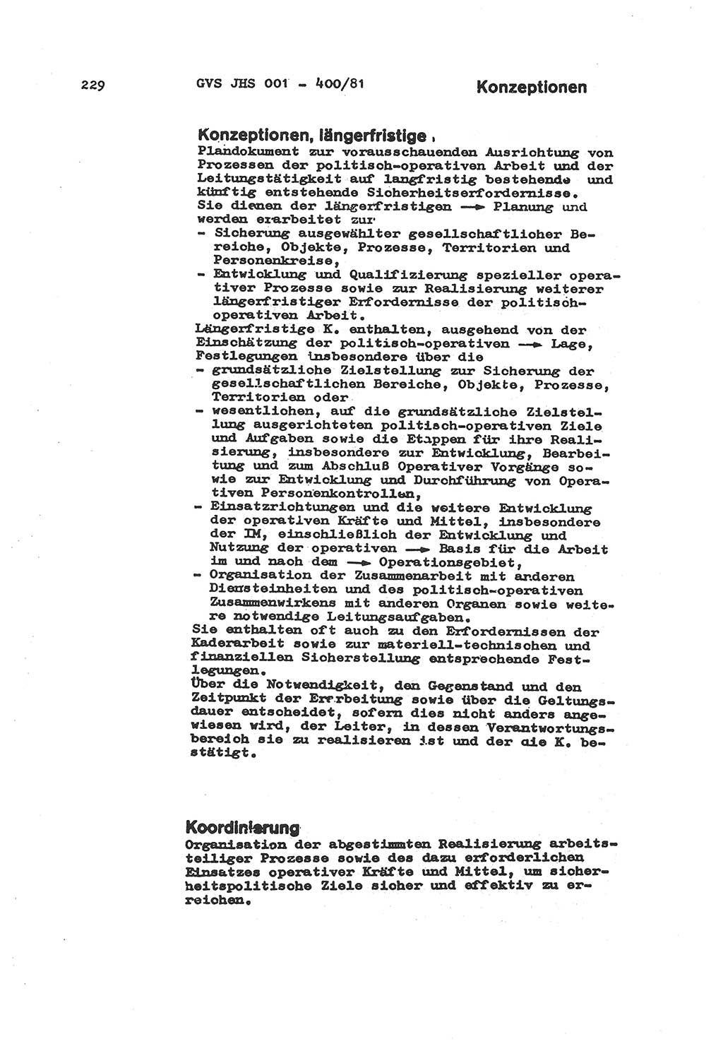 Wörterbuch der politisch-operativen Arbeit, Ministerium für Staatssicherheit (MfS) [Deutsche Demokratische Republik (DDR)], Juristische Hochschule (JHS), Geheime Verschlußsache (GVS) o001-400/81, Potsdam 1985, Blatt 229 (Wb. pol.-op. Arb. MfS DDR JHS GVS o001-400/81 1985, Bl. 229)