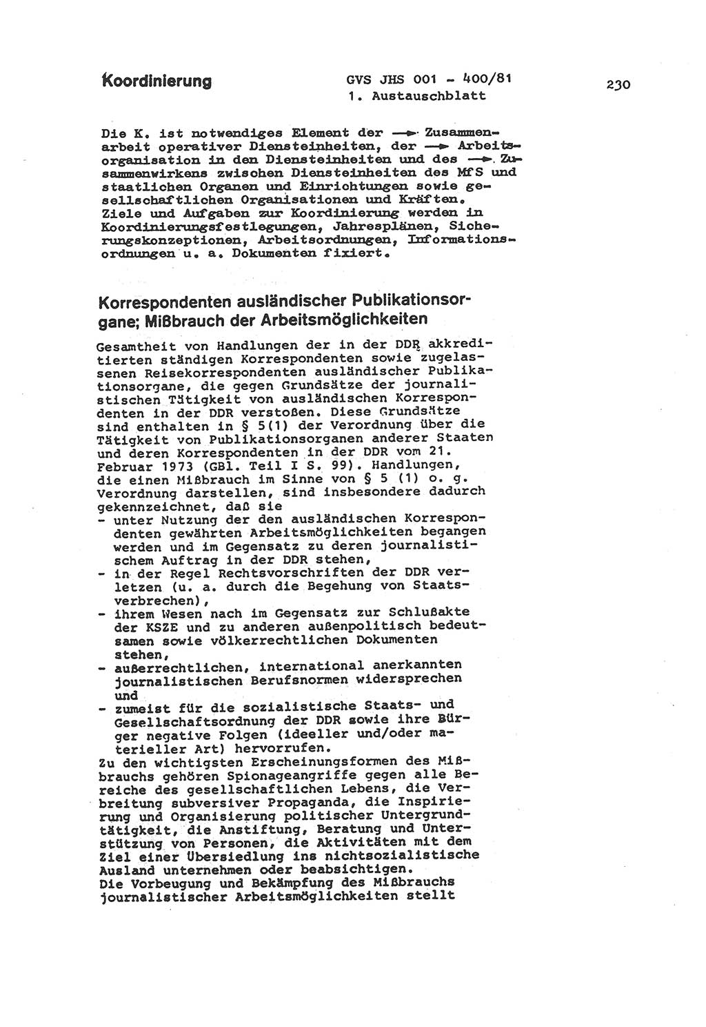 Wörterbuch der politisch-operativen Arbeit, Ministerium für Staatssicherheit (MfS) [Deutsche Demokratische Republik (DDR)], Juristische Hochschule (JHS), Geheime Verschlußsache (GVS) o001-400/81, Potsdam 1985, Blatt 230 (Wb. pol.-op. Arb. MfS DDR JHS GVS o001-400/81 1985, Bl. 230)