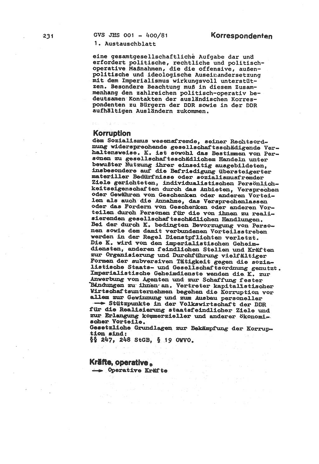 Wörterbuch der politisch-operativen Arbeit, Ministerium für Staatssicherheit (MfS) [Deutsche Demokratische Republik (DDR)], Juristische Hochschule (JHS), Geheime Verschlußsache (GVS) o001-400/81, Potsdam 1985, Blatt 231 (Wb. pol.-op. Arb. MfS DDR JHS GVS o001-400/81 1985, Bl. 231)