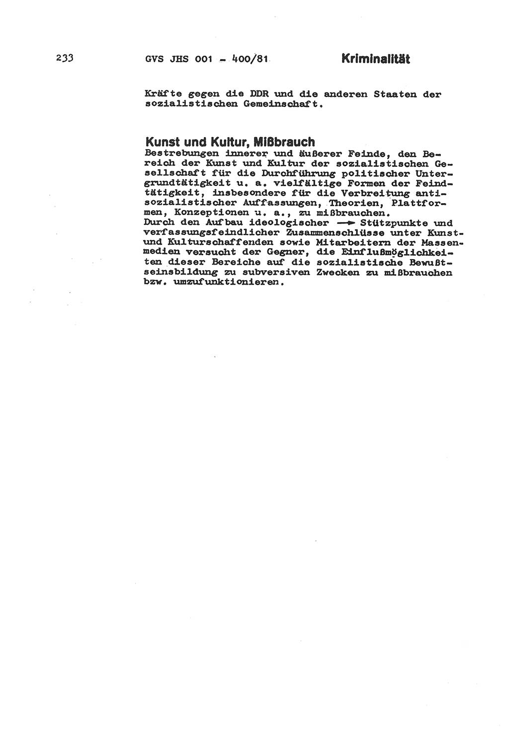 Wörterbuch der politisch-operativen Arbeit, Ministerium für Staatssicherheit (MfS) [Deutsche Demokratische Republik (DDR)], Juristische Hochschule (JHS), Geheime Verschlußsache (GVS) o001-400/81, Potsdam 1985, Blatt 233 (Wb. pol.-op. Arb. MfS DDR JHS GVS o001-400/81 1985, Bl. 233)