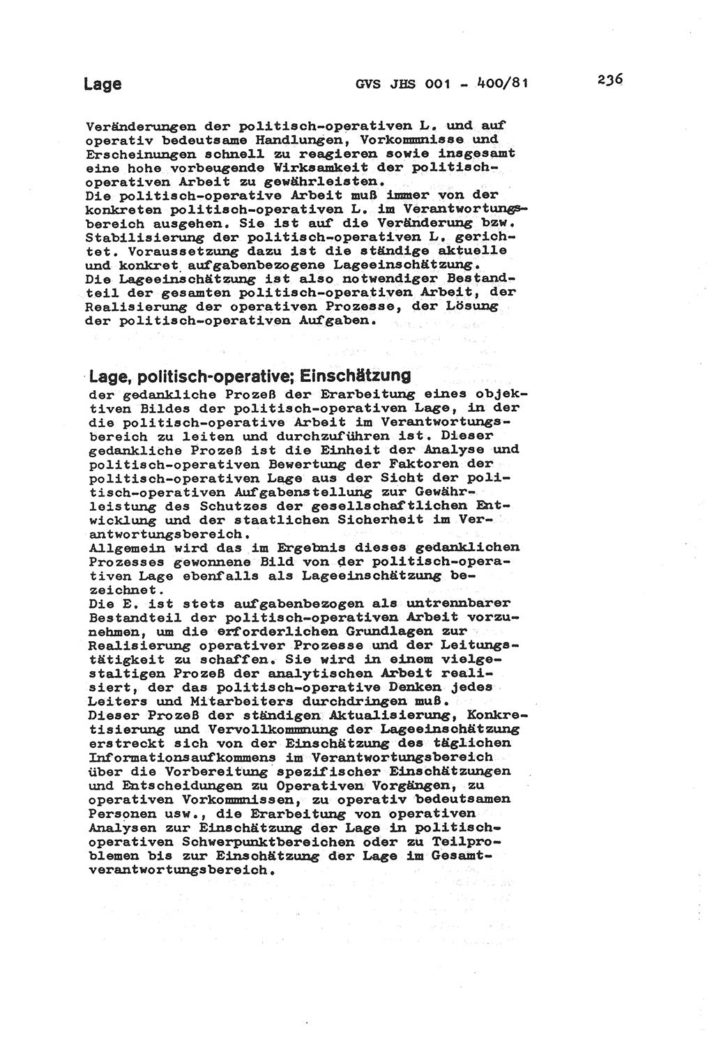 Wörterbuch der politisch-operativen Arbeit, Ministerium für Staatssicherheit (MfS) [Deutsche Demokratische Republik (DDR)], Juristische Hochschule (JHS), Geheime Verschlußsache (GVS) o001-400/81, Potsdam 1985, Blatt 236 (Wb. pol.-op. Arb. MfS DDR JHS GVS o001-400/81 1985, Bl. 236)