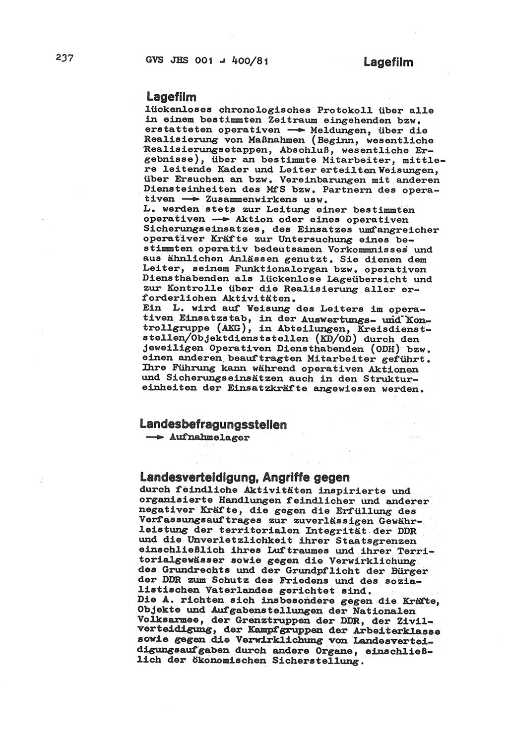 Wörterbuch der politisch-operativen Arbeit, Ministerium für Staatssicherheit (MfS) [Deutsche Demokratische Republik (DDR)], Juristische Hochschule (JHS), Geheime Verschlußsache (GVS) o001-400/81, Potsdam 1985, Blatt 237 (Wb. pol.-op. Arb. MfS DDR JHS GVS o001-400/81 1985, Bl. 237)