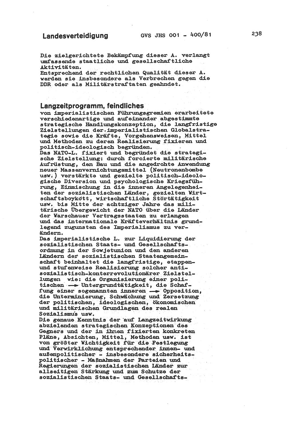 Wörterbuch der politisch-operativen Arbeit, Ministerium für Staatssicherheit (MfS) [Deutsche Demokratische Republik (DDR)], Juristische Hochschule (JHS), Geheime Verschlußsache (GVS) o001-400/81, Potsdam 1985, Blatt 238 (Wb. pol.-op. Arb. MfS DDR JHS GVS o001-400/81 1985, Bl. 238)