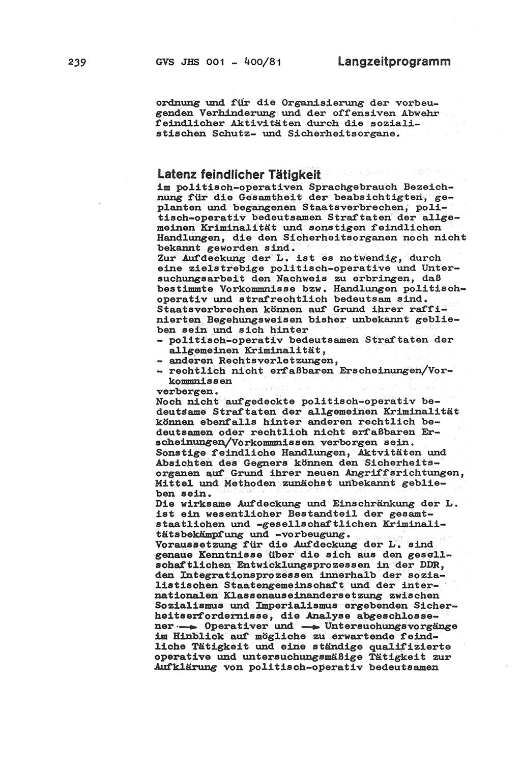 Wörterbuch der politisch-operativen Arbeit, Ministerium für Staatssicherheit (MfS) [Deutsche Demokratische Republik (DDR)], Juristische Hochschule (JHS), Geheime Verschlußsache (GVS) o001-400/81, Potsdam 1985, Blatt 239 (Wb. pol.-op. Arb. MfS DDR JHS GVS o001-400/81 1985, Bl. 239)