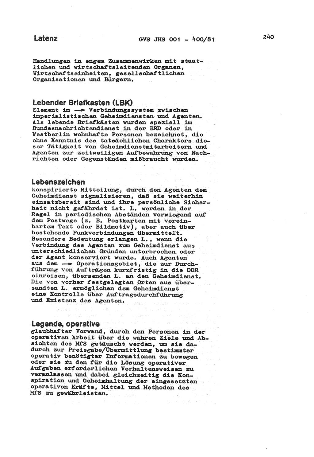 Wörterbuch der politisch-operativen Arbeit, Ministerium für Staatssicherheit (MfS) [Deutsche Demokratische Republik (DDR)], Juristische Hochschule (JHS), Geheime Verschlußsache (GVS) o001-400/81, Potsdam 1985, Blatt 240 (Wb. pol.-op. Arb. MfS DDR JHS GVS o001-400/81 1985, Bl. 240)