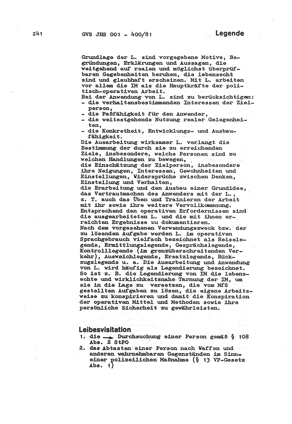 Wörterbuch der politisch-operativen Arbeit, Ministerium für Staatssicherheit (MfS) [Deutsche Demokratische Republik (DDR)], Juristische Hochschule (JHS), Geheime Verschlußsache (GVS) o001-400/81, Potsdam 1985, Blatt 241 (Wb. pol.-op. Arb. MfS DDR JHS GVS o001-400/81 1985, Bl. 241)