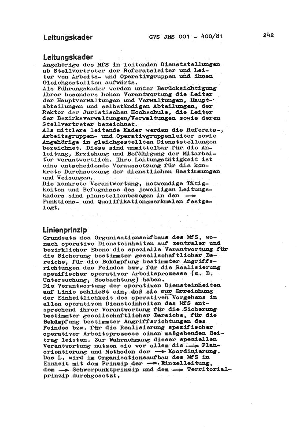 Wörterbuch der politisch-operativen Arbeit, Ministerium für Staatssicherheit (MfS) [Deutsche Demokratische Republik (DDR)], Juristische Hochschule (JHS), Geheime Verschlußsache (GVS) o001-400/81, Potsdam 1985, Blatt 242 (Wb. pol.-op. Arb. MfS DDR JHS GVS o001-400/81 1985, Bl. 242)