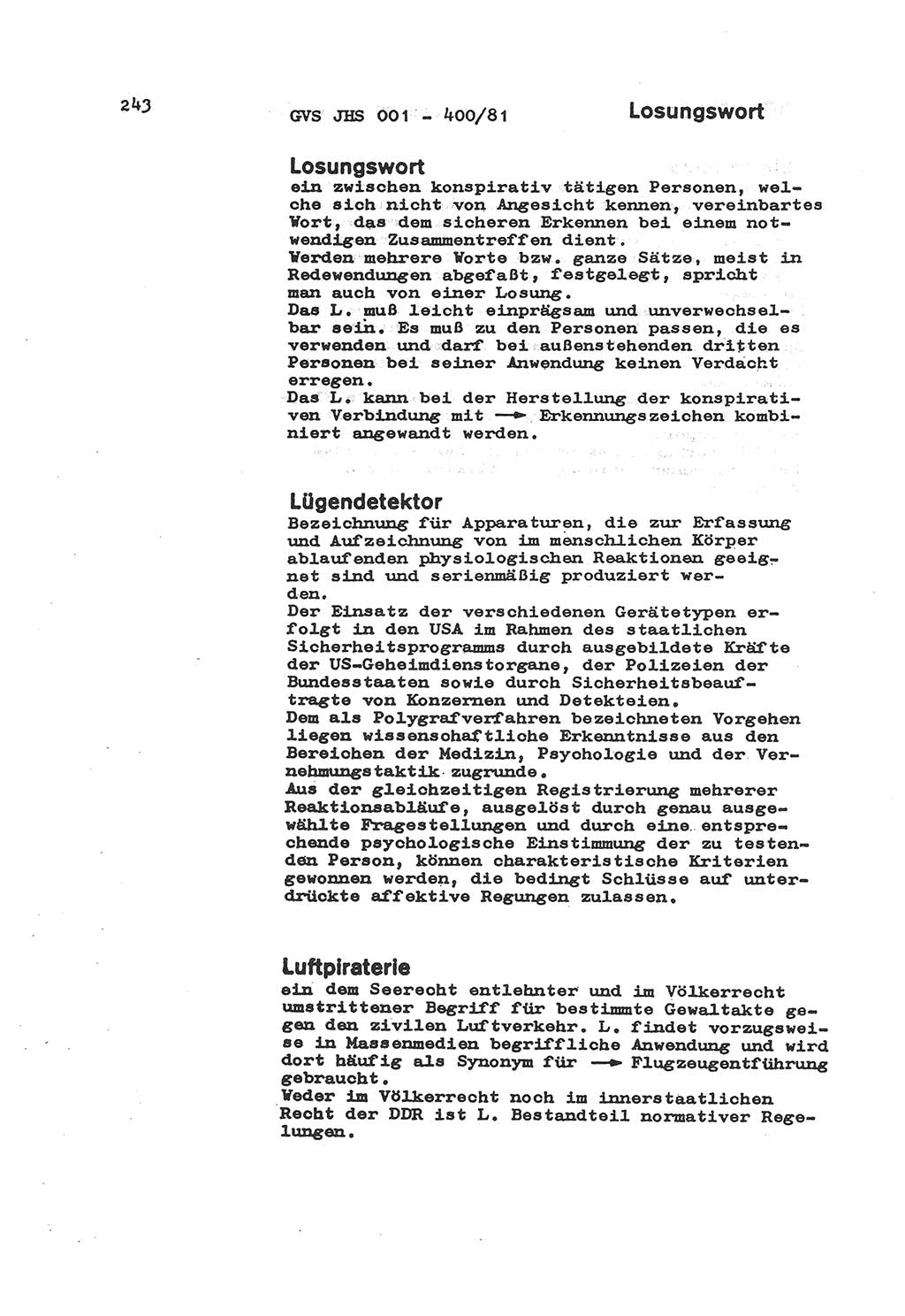 Wörterbuch der politisch-operativen Arbeit, Ministerium für Staatssicherheit (MfS) [Deutsche Demokratische Republik (DDR)], Juristische Hochschule (JHS), Geheime Verschlußsache (GVS) o001-400/81, Potsdam 1985, Blatt 243 (Wb. pol.-op. Arb. MfS DDR JHS GVS o001-400/81 1985, Bl. 243)