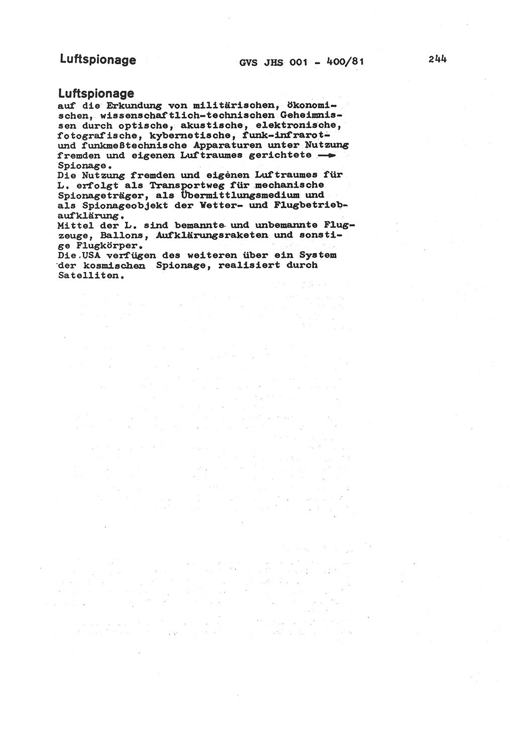 Wörterbuch der politisch-operativen Arbeit, Ministerium für Staatssicherheit (MfS) [Deutsche Demokratische Republik (DDR)], Juristische Hochschule (JHS), Geheime Verschlußsache (GVS) o001-400/81, Potsdam 1985, Blatt 244 (Wb. pol.-op. Arb. MfS DDR JHS GVS o001-400/81 1985, Bl. 244)