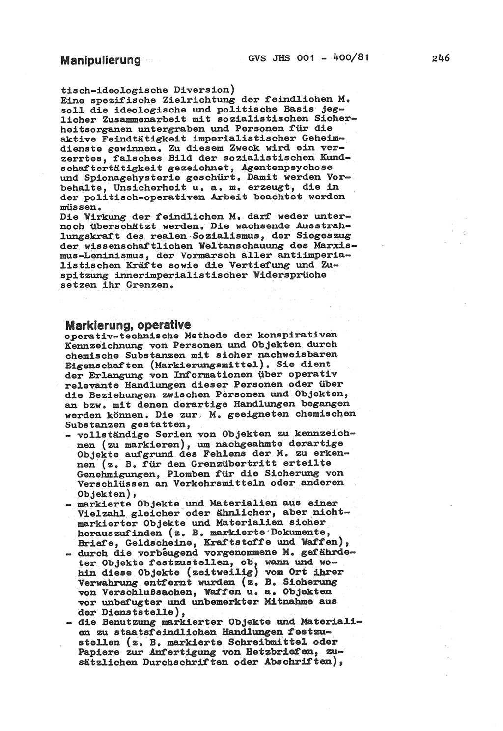 Wörterbuch der politisch-operativen Arbeit, Ministerium für Staatssicherheit (MfS) [Deutsche Demokratische Republik (DDR)], Juristische Hochschule (JHS), Geheime Verschlußsache (GVS) o001-400/81, Potsdam 1985, Blatt 246 (Wb. pol.-op. Arb. MfS DDR JHS GVS o001-400/81 1985, Bl. 246)