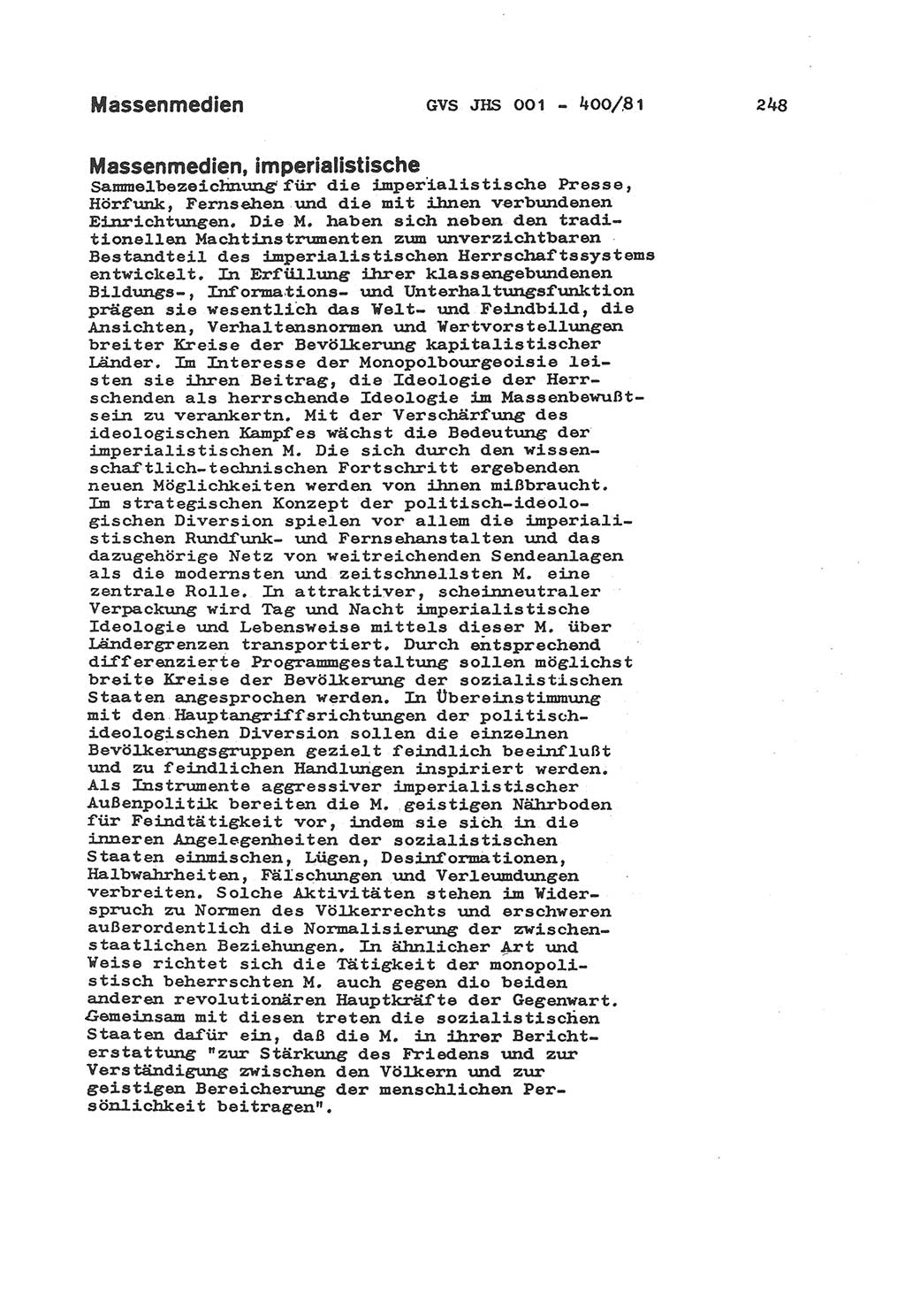 Wörterbuch der politisch-operativen Arbeit, Ministerium für Staatssicherheit (MfS) [Deutsche Demokratische Republik (DDR)], Juristische Hochschule (JHS), Geheime Verschlußsache (GVS) o001-400/81, Potsdam 1985, Blatt 248 (Wb. pol.-op. Arb. MfS DDR JHS GVS o001-400/81 1985, Bl. 248)