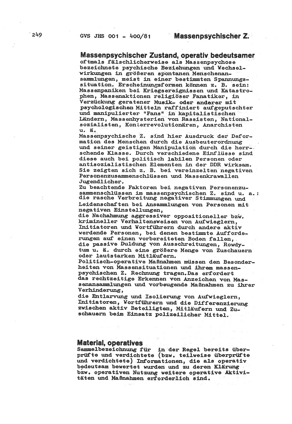 Wörterbuch der politisch-operativen Arbeit, Ministerium für Staatssicherheit (MfS) [Deutsche Demokratische Republik (DDR)], Juristische Hochschule (JHS), Geheime Verschlußsache (GVS) o001-400/81, Potsdam 1985, Blatt 249 (Wb. pol.-op. Arb. MfS DDR JHS GVS o001-400/81 1985, Bl. 249)