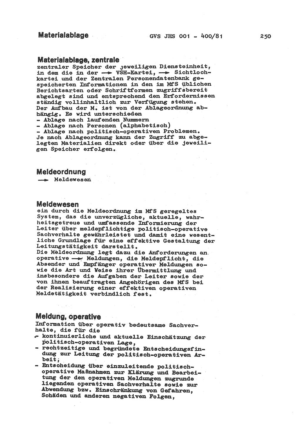 Wörterbuch der politisch-operativen Arbeit, Ministerium für Staatssicherheit (MfS) [Deutsche Demokratische Republik (DDR)], Juristische Hochschule (JHS), Geheime Verschlußsache (GVS) o001-400/81, Potsdam 1985, Blatt 250 (Wb. pol.-op. Arb. MfS DDR JHS GVS o001-400/81 1985, Bl. 250)