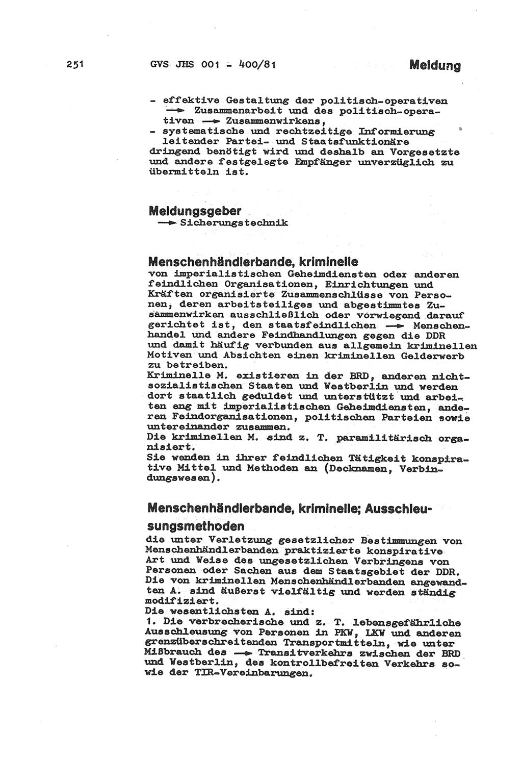Wörterbuch der politisch-operativen Arbeit, Ministerium für Staatssicherheit (MfS) [Deutsche Demokratische Republik (DDR)], Juristische Hochschule (JHS), Geheime Verschlußsache (GVS) o001-400/81, Potsdam 1985, Blatt 251 (Wb. pol.-op. Arb. MfS DDR JHS GVS o001-400/81 1985, Bl. 251)
