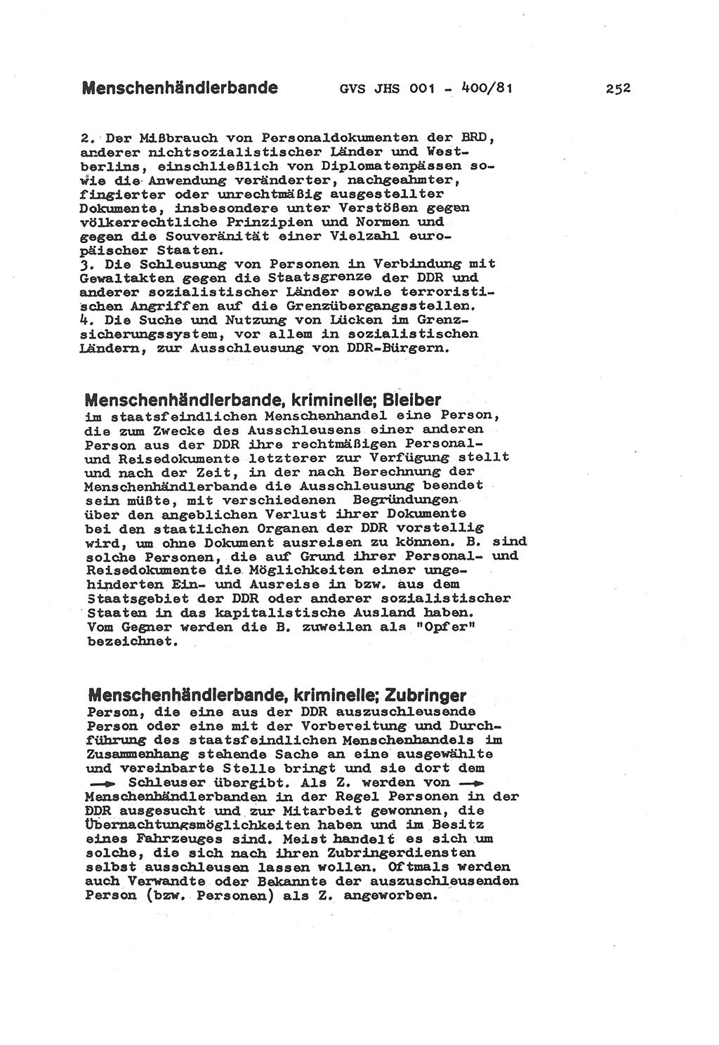 Wörterbuch der politisch-operativen Arbeit, Ministerium für Staatssicherheit (MfS) [Deutsche Demokratische Republik (DDR)], Juristische Hochschule (JHS), Geheime Verschlußsache (GVS) o001-400/81, Potsdam 1985, Blatt 252 (Wb. pol.-op. Arb. MfS DDR JHS GVS o001-400/81 1985, Bl. 252)