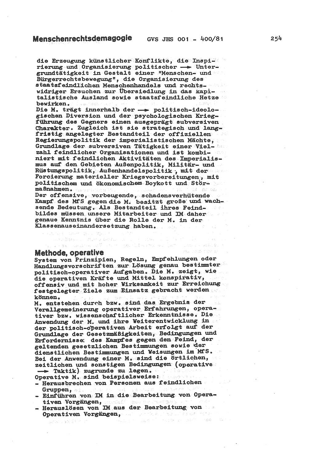 Wörterbuch der politisch-operativen Arbeit, Ministerium für Staatssicherheit (MfS) [Deutsche Demokratische Republik (DDR)], Juristische Hochschule (JHS), Geheime Verschlußsache (GVS) o001-400/81, Potsdam 1985, Blatt 254 (Wb. pol.-op. Arb. MfS DDR JHS GVS o001-400/81 1985, Bl. 254)