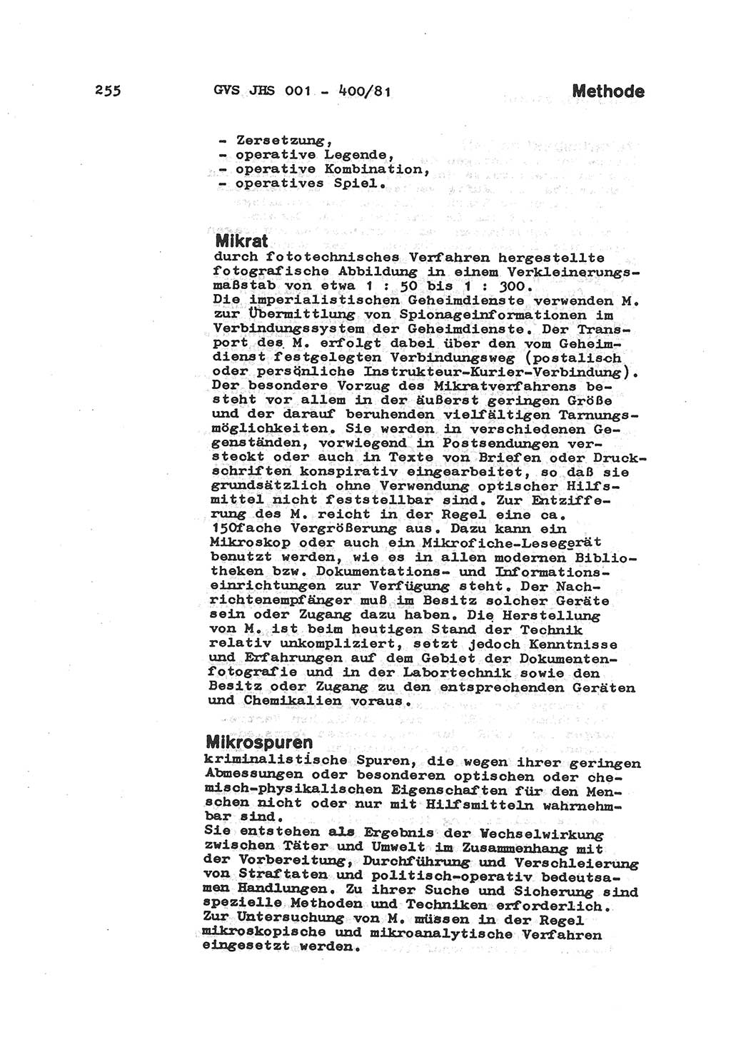 Wörterbuch der politisch-operativen Arbeit, Ministerium für Staatssicherheit (MfS) [Deutsche Demokratische Republik (DDR)], Juristische Hochschule (JHS), Geheime Verschlußsache (GVS) o001-400/81, Potsdam 1985, Blatt 255 (Wb. pol.-op. Arb. MfS DDR JHS GVS o001-400/81 1985, Bl. 255)