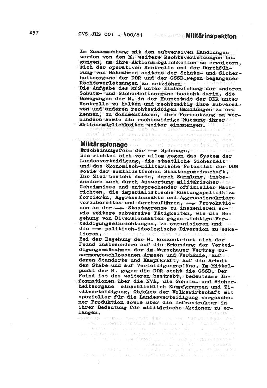 Wörterbuch der politisch-operativen Arbeit, Ministerium für Staatssicherheit (MfS) [Deutsche Demokratische Republik (DDR)], Juristische Hochschule (JHS), Geheime Verschlußsache (GVS) o001-400/81, Potsdam 1985, Blatt 257 (Wb. pol.-op. Arb. MfS DDR JHS GVS o001-400/81 1985, Bl. 257)