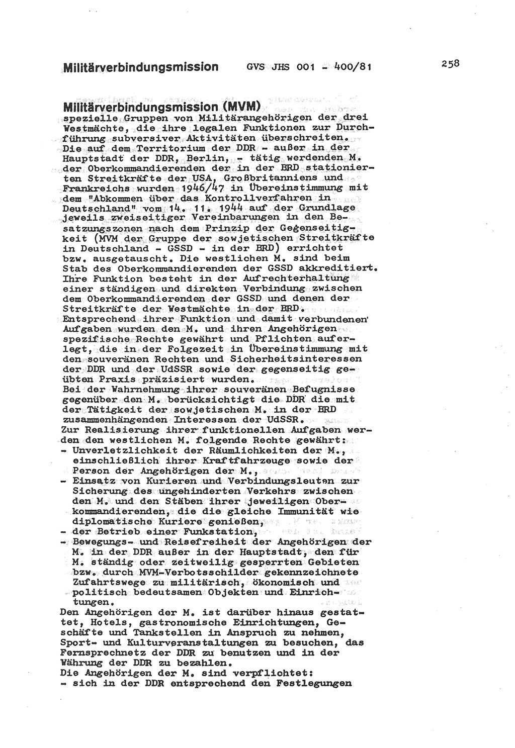 Wörterbuch der politisch-operativen Arbeit, Ministerium für Staatssicherheit (MfS) [Deutsche Demokratische Republik (DDR)], Juristische Hochschule (JHS), Geheime Verschlußsache (GVS) o001-400/81, Potsdam 1985, Blatt 258 (Wb. pol.-op. Arb. MfS DDR JHS GVS o001-400/81 1985, Bl. 258)