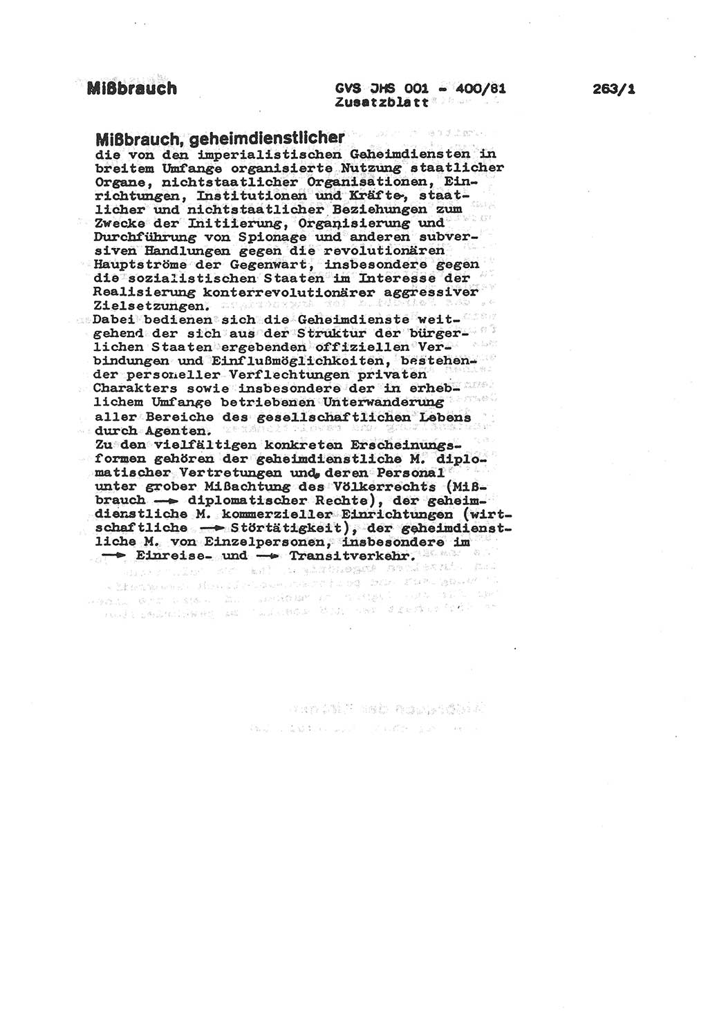 Wörterbuch der politisch-operativen Arbeit, Ministerium für Staatssicherheit (MfS) [Deutsche Demokratische Republik (DDR)], Juristische Hochschule (JHS), Geheime Verschlußsache (GVS) o001-400/81, Potsdam 1985, Blatt 263/1 (Wb. pol.-op. Arb. MfS DDR JHS GVS o001-400/81 1985, Bl. 263/1)
