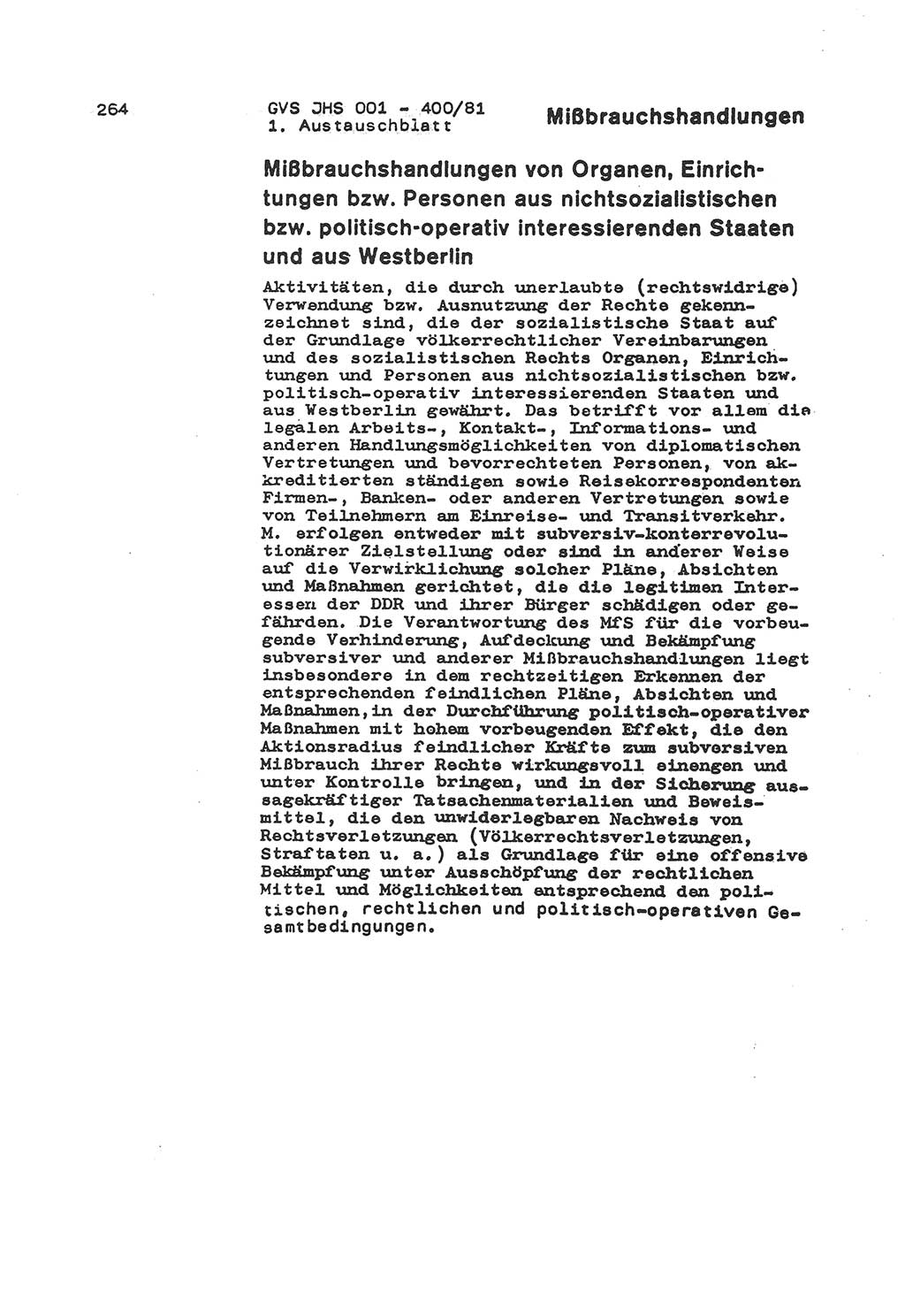 Wörterbuch der politisch-operativen Arbeit, Ministerium für Staatssicherheit (MfS) [Deutsche Demokratische Republik (DDR)], Juristische Hochschule (JHS), Geheime Verschlußsache (GVS) o001-400/81, Potsdam 1985, Blatt 264 (Wb. pol.-op. Arb. MfS DDR JHS GVS o001-400/81 1985, Bl. 264)