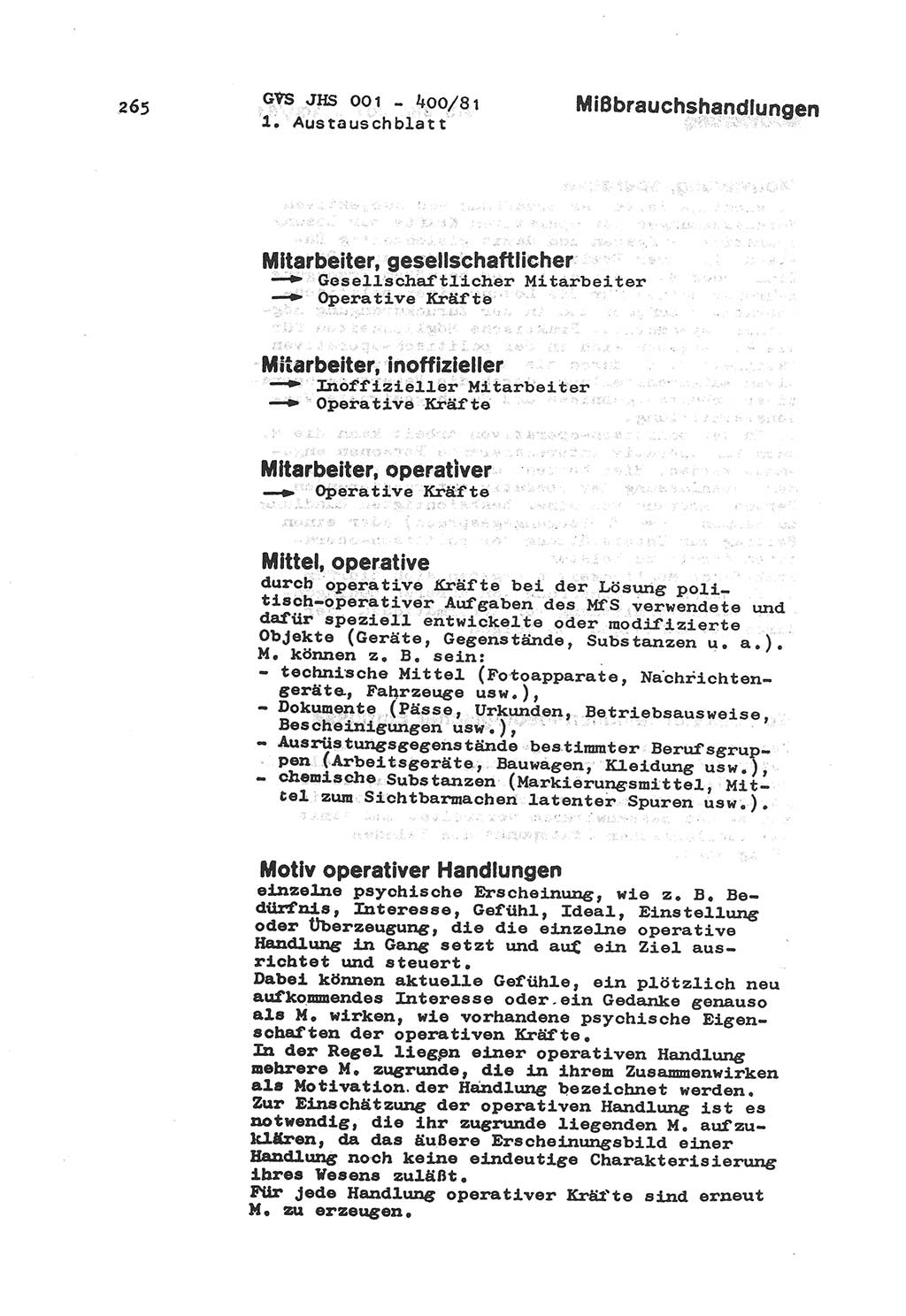 Wörterbuch der politisch-operativen Arbeit, Ministerium für Staatssicherheit (MfS) [Deutsche Demokratische Republik (DDR)], Juristische Hochschule (JHS), Geheime Verschlußsache (GVS) o001-400/81, Potsdam 1985, Blatt 265 (Wb. pol.-op. Arb. MfS DDR JHS GVS o001-400/81 1985, Bl. 265)