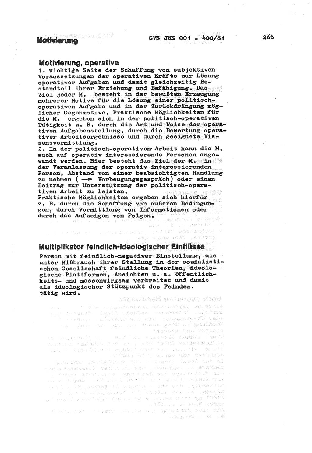 Wörterbuch der politisch-operativen Arbeit, Ministerium für Staatssicherheit (MfS) [Deutsche Demokratische Republik (DDR)], Juristische Hochschule (JHS), Geheime Verschlußsache (GVS) o001-400/81, Potsdam 1985, Blatt 266 (Wb. pol.-op. Arb. MfS DDR JHS GVS o001-400/81 1985, Bl. 266)