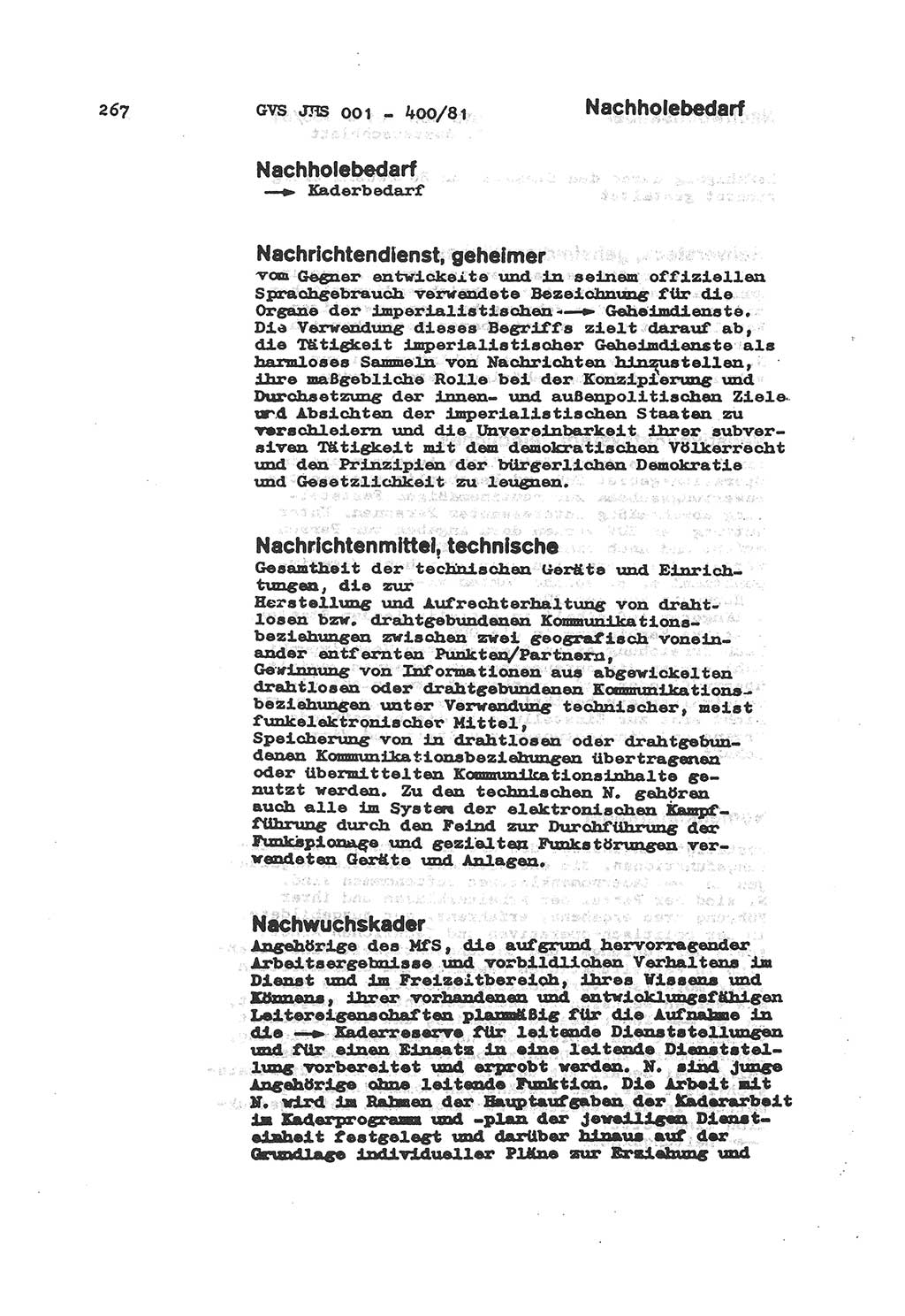 Wörterbuch der politisch-operativen Arbeit, Ministerium für Staatssicherheit (MfS) [Deutsche Demokratische Republik (DDR)], Juristische Hochschule (JHS), Geheime Verschlußsache (GVS) o001-400/81, Potsdam 1985, Blatt 267 (Wb. pol.-op. Arb. MfS DDR JHS GVS o001-400/81 1985, Bl. 267)