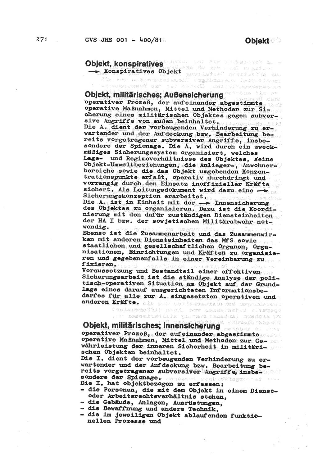 Wörterbuch der politisch-operativen Arbeit, Ministerium für Staatssicherheit (MfS) [Deutsche Demokratische Republik (DDR)], Juristische Hochschule (JHS), Geheime Verschlußsache (GVS) o001-400/81, Potsdam 1985, Blatt 271 (Wb. pol.-op. Arb. MfS DDR JHS GVS o001-400/81 1985, Bl. 271)