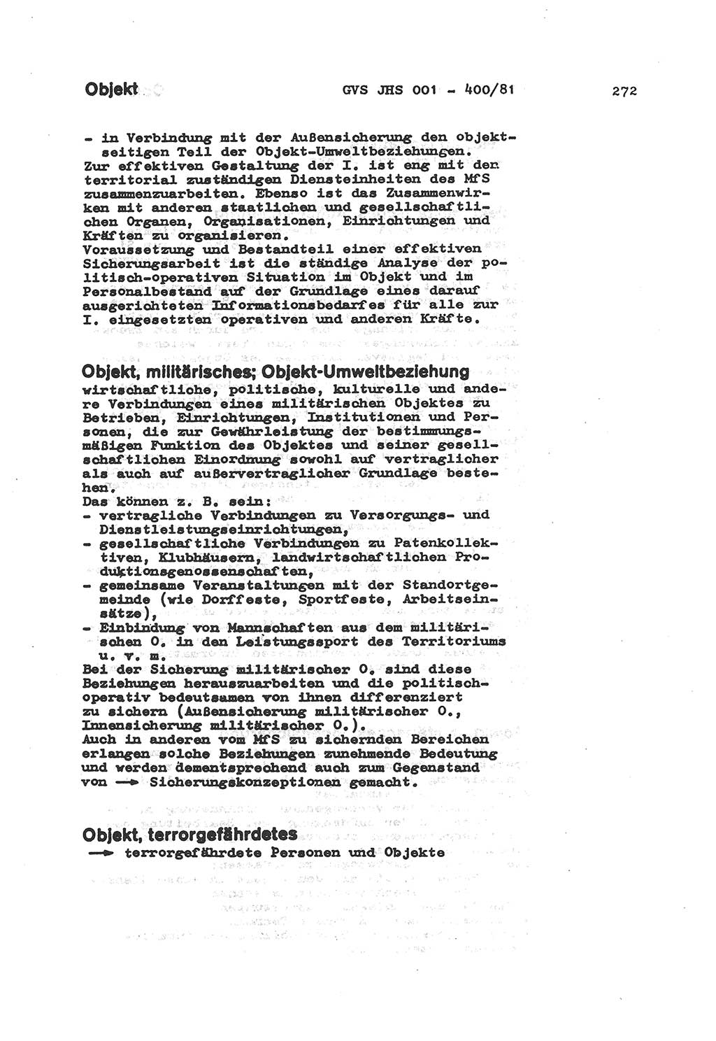 Wörterbuch der politisch-operativen Arbeit, Ministerium für Staatssicherheit (MfS) [Deutsche Demokratische Republik (DDR)], Juristische Hochschule (JHS), Geheime Verschlußsache (GVS) o001-400/81, Potsdam 1985, Blatt 272 (Wb. pol.-op. Arb. MfS DDR JHS GVS o001-400/81 1985, Bl. 272)