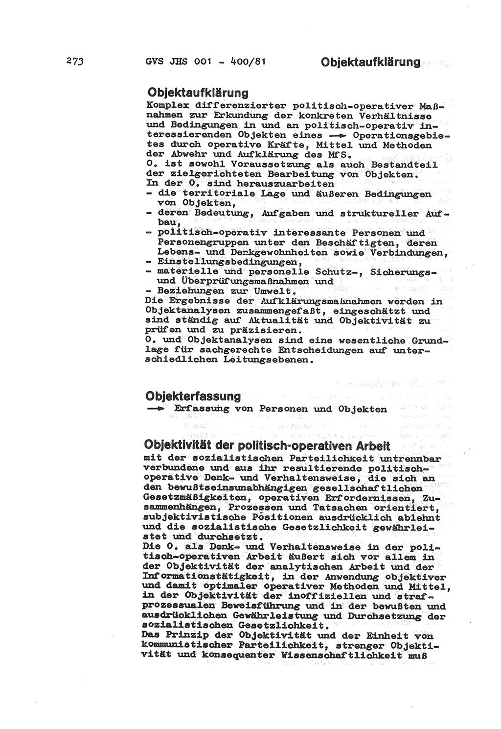 Wörterbuch der politisch-operativen Arbeit, Ministerium für Staatssicherheit (MfS) [Deutsche Demokratische Republik (DDR)], Juristische Hochschule (JHS), Geheime Verschlußsache (GVS) o001-400/81, Potsdam 1985, Blatt 273 (Wb. pol.-op. Arb. MfS DDR JHS GVS o001-400/81 1985, Bl. 273)